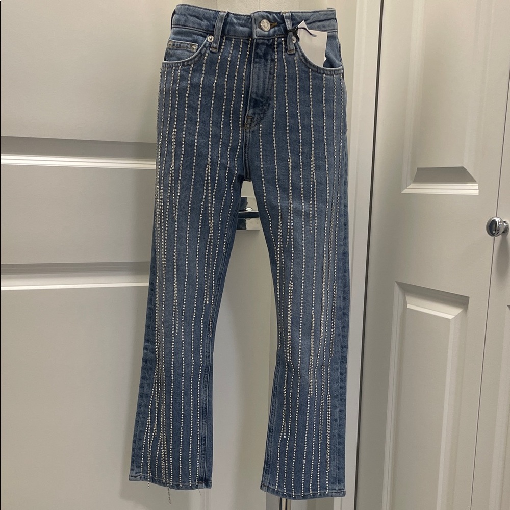 Brand🆕 Topshop Women's Straight Jeans with Rhinestone Fringe